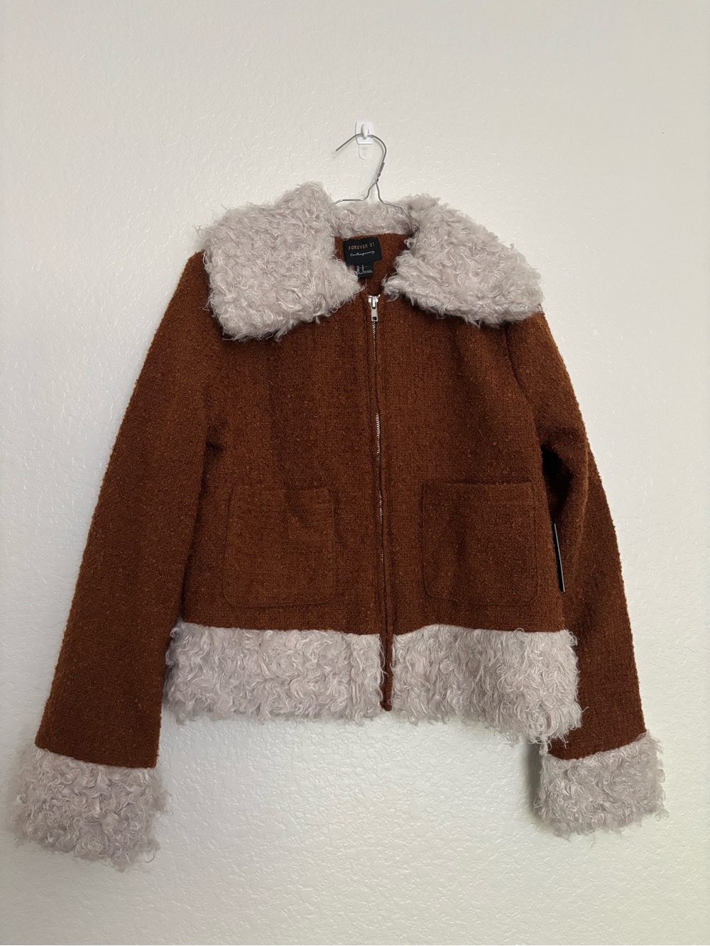 Rust Brown Teddy Zip Jacket with Cream Faux-Shearling Trim